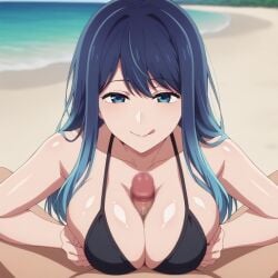 1girls ai_generated big_breasts blue_eyes blue_hair boobjob kurokawa_akane oshi_no_ko paizuri swimsuit titjob zuriemon