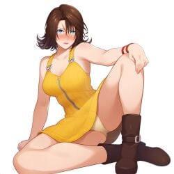 ai_generated blue_eyes brown_boots brown_hair final_fantasy_viii novelai rule_63 selphie_tilmitt_(cosplay) squall_leonhart white_panties yellow_dress