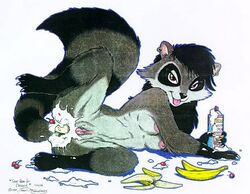 1990s 1995 20th_century anal anal_insertion banana black_hair breasts cherry claws ear_piercing earring female food fruit hair insertion james_m_hardiman long_hair looking_at_viewer mammal messy nipples nude on_side open_mouth penetration piercing pussy raccoon raised_leg seductive solo spread_legs spreading tail tongue whipped_cream