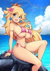 1girls armlet bikini blonde_hair blue_eyes bracelet breasts clouds crown earrings hair_flower large_breasts long_hair looking_at_viewer mario_(series) midriff navel nintendo ocean outside painted_fingernails pink_bikini pink_swimsuit princess_peach ring rock side-tie_bikini side-tie_swimsuit sitting_on_rock sky swimsuit v virus-g water wrist_scrunchie