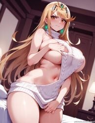 ai_generated balecxi blonde_hair covering_breasts covering_crotch embarrassed large_breasts long_hair mythra mythra_(xenoblade) sweater virgin_killer_sweater xenoblade_(series) xenoblade_chronicles_2