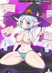 1girls alternate_breast_size big_breasts breasts chocker elf elf_ears elf_female female female_only frieren frieren_beyond_journey's_end halloween litwick pokemon silver_hair silver_hair_female solo striped_panties thick_thighs witch_hat