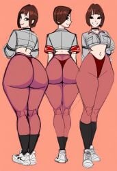 1girls ai_generated bob_cut character_design grey_jacket leggings long_legs mockup nike nike_shoes original_characters solo ssorted thick_thighs thong