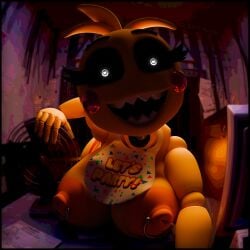 1girls 3d 3d_(artwork) animatronic bib big_breasts blender blender_(software) blender_cycles breasts cheeks chicken creepy eyelashes feathers female female_focus female_only five_nights_at_freddy's five_nights_at_freddy's_2 heart-shaped_pupils large_breasts looking_at_viewer nipple_piercing nipple_rings nipples robot robot_girl scary sharp_teeth toy_chica_(fnaf) toy_chica_(love_taste) yellow_body zentaisfm