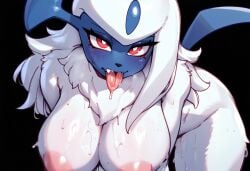 absol ai_generated areola big_nipples blush breast_focus breasts female furry huge_areolae huge_breasts nipples one_horn pokémon_(species) pokemon pokemon_(species) solo tongue_out