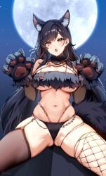 :o absurdres animal_ears animal_hands atago_(azur_lane) atago_(full_moon's_feral_wolf)_(azur_lane) azur_lane black_hair black_thighhighs blush breasts extra_ears female fishnet_thighhighs fishnets foxyreine halloween highres large_breasts long_hair looking_at_viewer mole mole_under_eye moon navel night night_sky oerba_yun_fang sky solo spread_legs stomach thighhighs thighs yellow_eyes