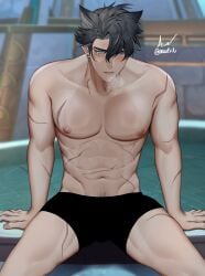 1boy abs asaifrit black_hair blush blush boxers bushy_pubes genshin_impact muscular muscular_male pubic_hair scars visible_breath wolf_ears wriothesley_(genshin_impact) yaoi