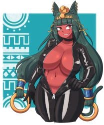 1female 1girls animal_ears belly_button blue_nails bodysuit breasts cleopatra_(metal_slug) egyptian egyptian_female eyebrows_visible_through_hair female female_only green_hair huge_breasts littlej_(zi19191) metal_slug orange_eyes red-skinned_female red_skin snk solo tagme