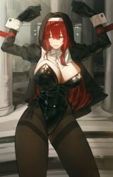 1girls bondage bunnysuit cleavage clothed clothed_female clothing female female_focus female_only large_breasts limbus_company long_hair nun nun_hat nun_outfit project_moon red_hair restrained two_strongtiger yuri_(limbus_company)