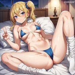 ai_generated bare_shoulders bed bed_sheet bedroom bikini blonde_hair blue_bikini blue_eyes blue_scrunchie blush breasts closed_mouth curtains edosynf embarrassed female frilled_socks hayasaka_ai highres indoors kaguya-sama_wa_kokurasetai_~tensai-tachi_no_renai_zunousen~ kneehighs lamp looking_at_viewer lying medium_breasts navel night on_back on_bed pillow ponytail scrunchie self_upload side_ponytail socks solo solo_focus stomach thick_thighs thighs v white_socks window