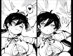 cum cum_on_breasts first_person_view karasu_raven looking_at_viewer monochrome school_uniform twintails unbuttoned_shirt