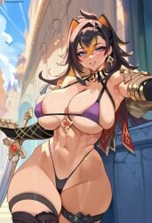 2d ai_generated animal_ears big_breasts bikini black_hair dehya_(genshin_impact) female female_focus female_only gauntlets genshin_impact highleg micro_bikini outdoors solo solo_female solo_focus tagme tan-skinned_female tan_skin