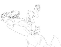 1boy anal anal_sex anal_vibrator anthro balls canine cum darkfox dildo fur furry glasses hair hammytoy handjob hindpaw line_art male male_only masturbation monochrome nude on_back penetration sex_toy short_hair solo spread_legs spreading unknown_species vibrator