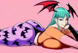 ai_generated ass_focus breast_press darkstalkers from_above hourglass_figure huge_ass legs_apart lying lying_down lying_on_breasts lying_on_ground lying_on_stomach medium_ass morrigan_aensland plump_ass ssktch tagme thick_ass thick_thighs wide_hips