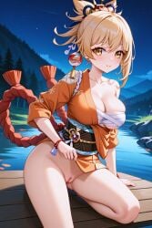 1girls ai_generated ass bandage bandages bangs big_breasts blonde_hair female genshin_impact jasse kimono lake looking_at_viewer no_bra no_panties no_pants outdoors outside rope shimenawa showing_pussy standing yoimiya_(genshin_impact)