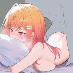 1boy ahoge ajmn7838 ass bed_sheet blush breasts commentary_request crossed_bangs earrings female gradient_hair hair_ornament hairclip highres hololive hololive_dev_is hugging_object ichijou_ririka jewelry large_breasts long_hair lying multicolored_hair nipples on_stomach orange_hair pillow pillow_hug pink_hair prone_bone red_eyes sex sex_from_behind solo solo_focus straight sweat virtual_youtuber