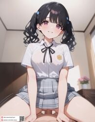 1boy ai_generated black_hair black_ribbon blush breasts censored clothed_female_nude_male clothed_sex collared_shirt cowgirl_position cowgirl_position dmk_meow fanbox_username female flower fukumaru_koito grey_skirt grin hair_ornament idolmaster idolmaster_cinderella_girls indoors looking_at_viewer medium_breasts mosaic_censoring neck_ribbon no_panties nude penis plaid plaid_skirt pleated_skirt pov purple_eyes ribbon school_uniform sex shirt shirt_tucked_in short_sleeves skirt smile solo_focus spread_legs straddling straight sweat thighs twintails vaginal_penetration white_shirt