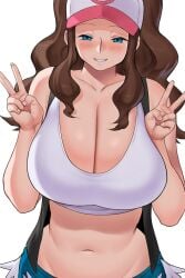 ai_generated bare_shoulders baseball_cap black_vest blue_eyes blush breasts brown_hair cleavage clothing collarbone crop_top cropped_head cutoffs denim denim_shorts double_v female female female_only grin hat headwear high_ponytail hilda_(pokemon) huge_breasts long_hair looking_at_viewer midriff navel plump pokemon_bw ponytail protagonist_(pokemon) raised_eyebrows shirt short_shorts shorts sidelocks simple_background smile solo tank_top thick_thighs thighs tied_hair underwear v vest white_background white_shirt white_tank_top