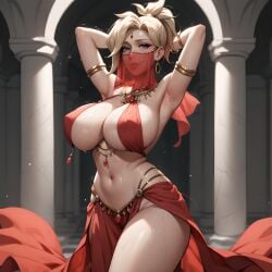 ai_generated big_breasts blizzard_entertainment blonde_hair blue_eyes dancer_outfit dancing eogard_orc exotic_dancer face_veil gold_jewelry hands_behind_head loincloth mercy oiled oiled_skin overwatch overwatch_2 red_clothing self_upload shiny_skin stable_diffusion standing