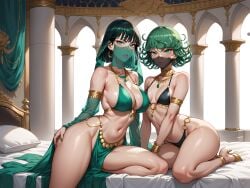 2girls ai_generated arabian_clothes earrings eogard_orc exotic_dancer fubuki_(one-punch_man) green_eyes green_hair green_nails high_heels loincloth looking_at_viewer nail_polish on_back one-punch_man seductive self_upload sisters sitting stable_diffusion tatsumaki veil