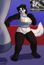 2024 anthro bdgym bear bear213 black_body black_fur black_hair blizzard_entertainment bottomless breasts clitoris clothed clothing digital_media_(artwork) female front_view fur genitals giant_panda grin gym hair hi_res inside mammal overweight pandaren pandarian partially_clothed pinup portrait pose punch punching_bag pussy short_hair smile solo standing striking sulfur toony training warcraft white_body white_fur yellow_eyes