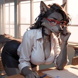 ai_generated anthro bending_over big_breasts black_hair black_skirt blue_eyes choker classroom cleavage desk eogard_orc furry furry_female grey_fur red_glasses self_upload stable_diffusion teacher white_shirt wolf_ears wolf_girl wolf_tail