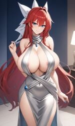 ai_generated blue_eyes breasts dress hi_res high_school_dxd large_breasts looking_at_viewer outcyli731 restrained rias_gremory side_boob silver_dress stable_diffusion