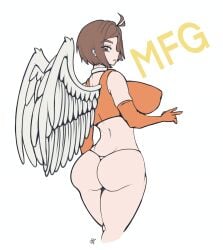 1girls ass big_ass big_breasts breasts brown_eyes brown_hair female huge_breasts looking_at_viewer looking_back mf_ghost nipple_bulge panties racersplat ren_saionji white_background wings