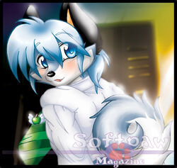 anthro back blue_eyes blue_hair blush canine cute_fang fur furry hair inuki looking_at_viewer male male_only over_shoulder promotional_artwork raised_tail short_hair solo standing tail white_fur