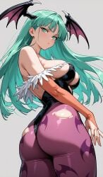 :t ass breasts curvy darkstalkers dat_ass demon demon_girl female from_behind green_eyes green_hair large_breasts legwear leotard long_hair looking_at_viewer morrigan_aensland pants pout sideboob simple_background slit_pupils succubus torn_pantyhose white_background wide_hips wings