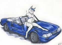 anthro blue_hair breasts canine car closed_eyes coyote decolor_domina decolordomina ear_piercing earring female fingering fur furry hair masturbation mustang nude panting piercing solo vehicle white_background