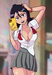 1girls black_hair bleach breasts cellphones female female_pervert kuchiki_rukia large_breasts medium_hair miniskirt pervert school school_uniform selfie sex_invitation sexually_suggestive short_hair skirt solo uniform