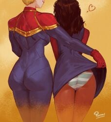 2girls ass ass_focus assisted_exposure back_view bodysuit captain_marvel captain_marvel_(movie) carol_danvers chocolate_and_vanilla clothed clothed_female dark-skinned_female dark_skin dress female female_only from_behind gloves heart lifting lifting_skirt light-skinned_female light_skin lipstick long_hair marvel marvel_cinematic_universe marvel_comics ms._marvel ms._marvel_(kamala_khan) ms._marvel_(series) multiple_girls panties pantylines pinafore_(artist) rear_view short_hair smile striped_panties superheroine watermark yuri