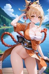 1girls ai_generated ass bandage bandages bangs big_breasts blonde_hair female genshin_impact jasse kimono lake looking_at_viewer no_bra no_panties no_pants outdoors outside rope shimenawa showing_pussy standing yoimiya_(genshin_impact)