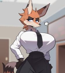 breasts busty cooliehigh fox ginger_(cooliehigh) hourglass_figure irritated large_breasts office office_clothing office_lady professional_clothes slim_waist wide_hips workout_clothes workplace