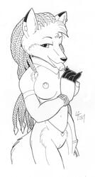 2007 anthro belly_chain black_and_white bracelet braids breasts canine ear_piercing earring female fur furry hair hi_res jewelry loupgarou monochrome nipples nude piercing popsicle puffy_nipples pussy solo suggestive_food