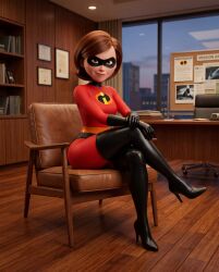 ai_generated big_ass bodysuit brunette brunette_female brunette_hair confident elastigirl facility female female_only helen_parr high_heels latex mask masked_female meeting meeting_room milf office office_chair posing posing_for_the_viewer round_ass sitting spy stealth superhero superheroine the_incredibles thick thick_ass thick_thighs tight_clothes tight_clothing tight_fit