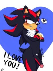 annoyed anthro big_penis black_body black_hair black_nose blush ear_twitch eyelashes femboy feminine_male furry furry_male gloves hedgehog hourglass_figure narrow_waist nude penis quills red_eyes red_highlights shadow_the_hedgehog sonic_(series) squishcap_(artist) tail tailwag thick_thighs twitter_username wide_hips