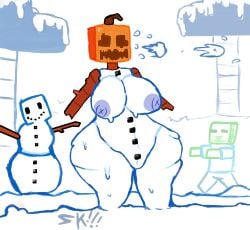 breast_focus el_sick fat_tits medium_breasts melting minecraft minecraft_mob pumpkin pumpkin_head snow snow_golem snowing zombie_(minecraft)