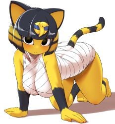 animal_crossing ankha ankha_(animal_crossing) blush catgirl dark_hair nobunagapero yellow_body