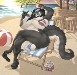 absurd_res alcohol alligator alligatorid alternative_fashion american_flag_bikini anthro areola areolar_amelanism areolar_melanosis ball balls beach beach_ball beach_chair beer beverage beverage_can big_breasts bikini black_hair blonde_highlights breasts clothing crocodilian crossed_legs crossgender duff_beer dullvivid ellie_(dullvivid) erection eyebrow_piercing facial_piercing flag_bikini flag_swimwear foreskin genitals goth grey_areola grey_nipples gynomorph hair half-closed_eyes hi_res highlights_(coloring) huge_breasts humanoid_genitalia humanoid_penis hyper inflatable intersex lip_piercing narrowed_eyes nipple_piercing nipples non-mammal_breasts non-mammal_nipples penis piercing reptile scalie scuted_tail sea seaside sharp_teeth slightly_chubby slightly_chubby_anthro slightly_chubby_gynomorph slightly_chubby_intersex smile smirk smug smug_face snakebite_piercing solo stud_piercing swimwear tail teeth thick_tail thick_thighs tongue tongue_out tongue_piercing two-piece_swimsuit undersized_clothing vein veiny_penis water wide_hips