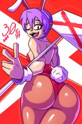 absurd_res big_ass big_butt bonk150 bunny_ears bunny_girl bunny_tail bunnysuit capcom collar darkstalkers flat_chest flat_chested from_behind from_behind_position hi_res holding_sign huge_ass huge_butt legs_together lilith_aensland looking_at_viewer massive_ass pantyhose peace_sign red_background red_cross shiny_skin short_hair sign smile text vampire_savior wink winking_at_viewer