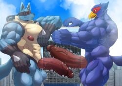 absurd_res anthro avian beak big_pecs big_penis bird blue_body blue_fur bodily_fluids building building_penetrated building_sex canid canine double_penetration duo erection falco_lombardi frottage fur generation_4_pokemon genital_fluids genitals hi_res humanoid_genitalia humanoid_penis internal lucario macro male male/male male_penetrating mammal muscular muscular_male nintendo pecs penetration penile penis pokemon pokemon_(species) precum sex sharkinn spines star_fox