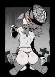 ass_grab female first_person_view guts karasu_raven looking_at_viewer looking_back monochrome monster_girl stitches yellow_eyes zombie_girl