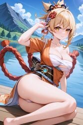 1girls ai_generated ass bandage bandages bangs blonde_hair female genshin_impact jasse kimono lake looking_at_viewer no_bra no_panties no_pants outdoors outside rope shimenawa yoimiya_(genshin_impact)