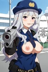 absurdres ai_generated black_gloves blush breasts breasts_out english_text female female_only gun heavy_breathing highres humor idolmaster jacket large_breasts long_hair looking_at_viewer meme metalchromex outdoors patreon pointing_gun police police_uniform policewoman pose purple_eyes self_upload shijou_takane shiny shiny_hair short_sleeves silver_hair solo speech_bubble tie twitter uniform