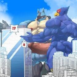 1:1 absurd_res anthro avian balls beak big_pecs big_penis bird blue_body blue_fur bodily_fluids building canid canine city duo english_text erection falco_lombardi fur generation_4_pokemon genital_fluids genitals hi_res humanoid_genitalia humanoid_penis imminent_building_sex imminent_yaoi lucario macro male male_only mammal muscular muscular_male nintendo non_mammal_nipples pecs penis pokemon pokemon_(species) precum sharkinn spines star_fox text vein veiny_penis yaoi