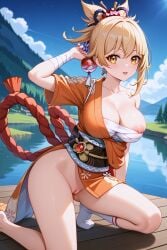 1girls ai_generated ass bandage bandages bangs big_breasts blonde_hair female genshin_impact jasse kimono lake looking_at_viewer no_bra no_panties no_pants outdoors outside rope shimenawa showing_pussy standing yoimiya_(genshin_impact)