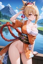 1girls ai_generated ass bandage bandages bangs big_breasts blonde_hair female genshin_impact jasse kimono lake looking_at_viewer no_bra no_panties no_pants outdoors outside rope shimenawa showing_pussy standing yoimiya_(genshin_impact)