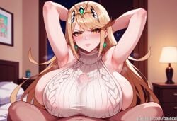 ai_generated balecxi blonde_hair large_breasts long_hair mythra mythra_(xenoblade) paizuri_under_clothes sweater virgin_killer_sweater xenoblade_(series) xenoblade_chronicles_2